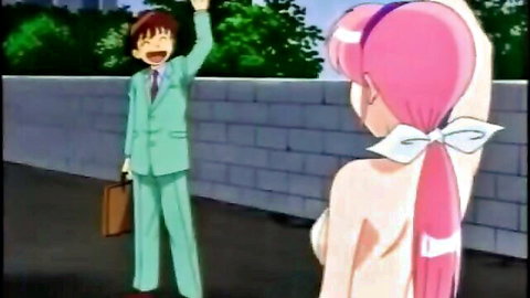 Anime suited man waves happily at topless pink-haired hentai girl's big bare tits and ass from behind