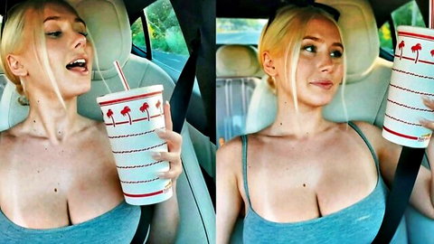 Blonde babe in car teasing cleavage with big tits holding drink