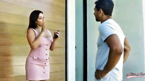 Alina Angel in sexy pink dress kissing phone near muscular guy