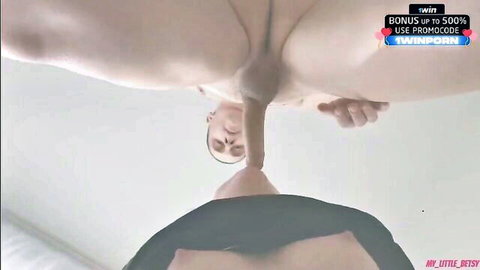 POV brunette with small tits squats shaved pussy over throbbing cock ready for cowgirl penetration