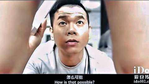 Surprised Asian doctor in white shirt looks up at thick bare thighs in facesitting POV