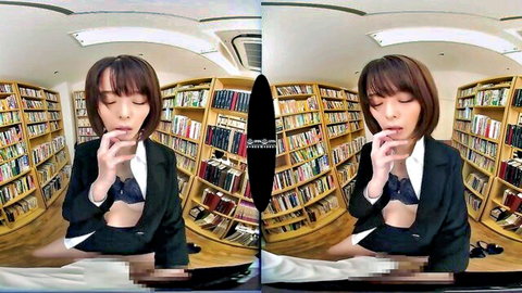 Seductive Japanese librarian in open blouse reveals black lace bra spreads legs teasing censored pussy in VR POV