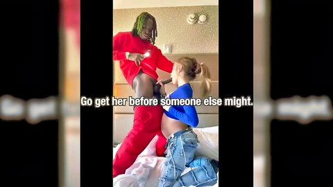Cosplay babe in red tracksuit teasing blonde in blue crop top on bed