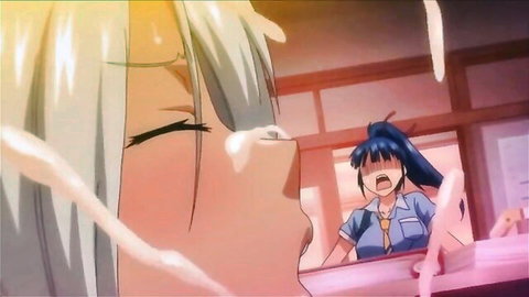 White-haired hentai girl in ecstasy from facial cumshot, blue-haired schoolgirl watches