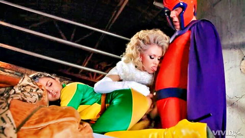 Busty blonde Emma Frost cosplayer grinds on Magneto while green-suited brunette babe lies seductively in superhero threesome tease