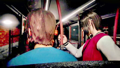 Asian schoolgirl in red vest groping guy from behind on public bus