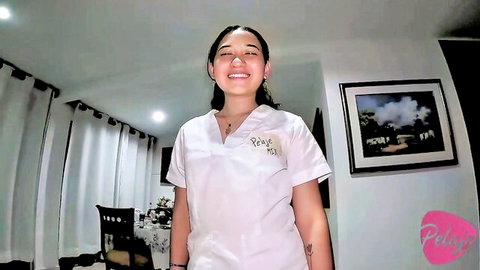 Smiling cute nurse in white uniform, teasing tight pussy fun