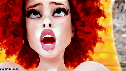 3D animated redhead futa dickgirl moaning in ecstasy, open mouth expression