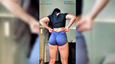 Mandy Sweet in tight blue gym shorts try-on, showing round ass from behind