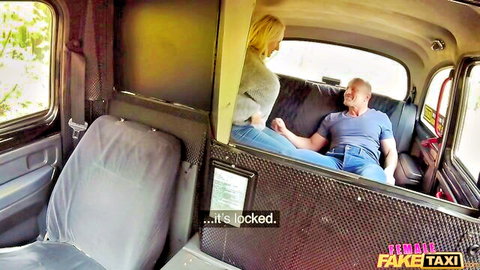 Blonde babe straddles clothed taxi driver on backseat in Fake Taxi cab