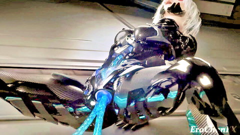 Latex-clad cosplay babe spreads legs with glowing blue tentacles bursting from her crotch