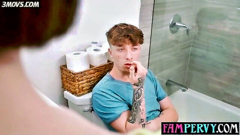Tattooed ginger stepbrother seductively sucks finger in bathtub while stepsister watches from behind taboo tease