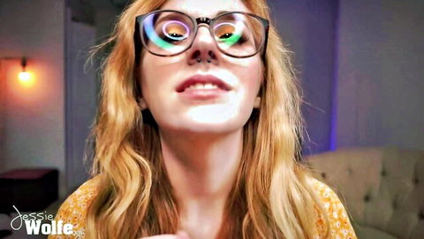 Redhead babe in glasses opens mouth wide teasing for cumshot JOI dirty talk