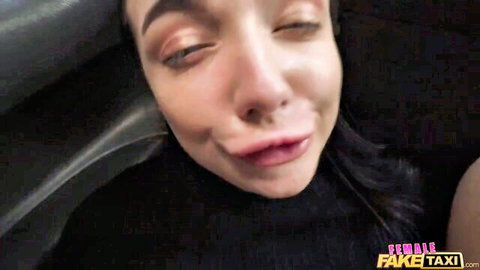 Lady Gang in Female Fake Taxi, curvy brunette babe with seductive pout