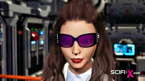 Seductive sci-fi escort with dark hair, purple sunglasses, red lips, white collar