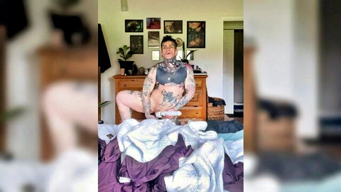 Lior Dandy FTM butch grinding pussy in lingerie, muscular tattoos
