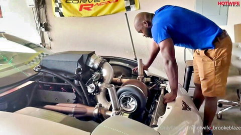 Muscular black man working on Corvette engine in garage - Brooke Blaze hotwife thumbnail