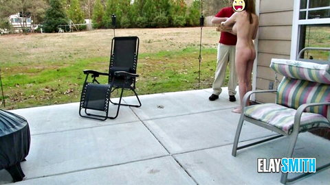Elay Smith nude public exhibitionist dare, embracing naked man on porch