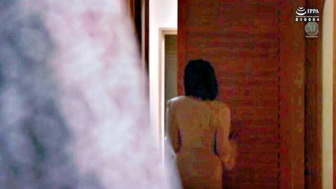 Naked Asian woman in steamy doorway, JAV father-daughter creampie fantasy
