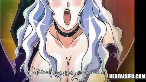 White-haired hentai girl in black collar and gloves, open mouth with tongue, large cleavage
