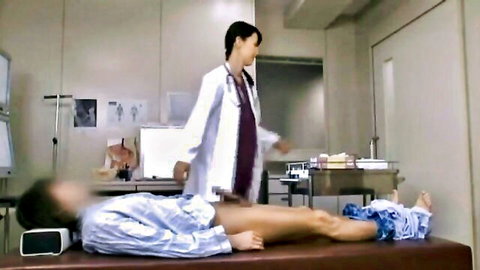 Japanese nurse in white coat examines shy patient on hospital bed, JAV medical scene