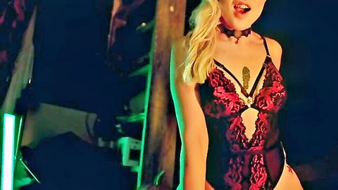 Blonde in seductive red lace lingerie for Halloween ASMR cosplay