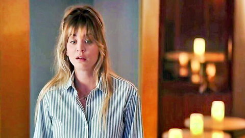 Kaley Cuoco in striped shirt, blonde hair, intense gaze from The Flight Attendant hot scene
