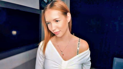 Shy 18yo teen Judietastet in off-shoulder white top, skinny redhead Chaturbate solo