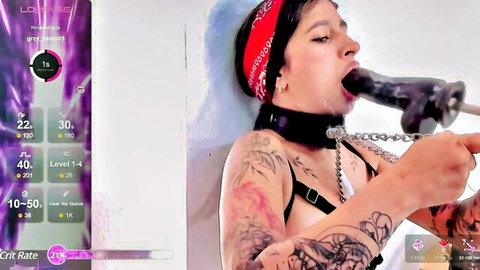 Sweety Maria tattooed Latina sucking large black dildo solo
