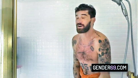Tattooed bearded stepdad in shower for Jexxxica Blake TS bareback scene