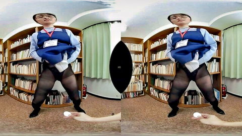 Asian schoolgirl in stockings lifts skirt teasingly in VR passion