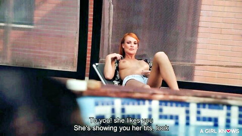 Canela Skin topless by pool, teasing with big tits in shorts