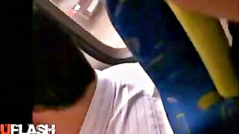 Man in white shirt flashing cock on crowded public bus outdoor risk
