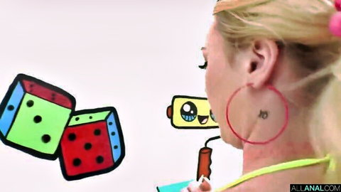 Blonde babe with big red hoop earrings and neck tattoo posing by cartoon dice and bomb on wall