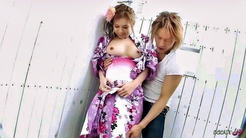 Petite Japanese teen in open pink kimono exposing small perky tits groped by boyfriend from behind