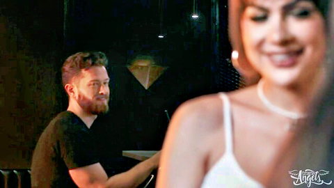 Johnny Donovan in steamy bar flirt with Trans Angels model, wet passion tease