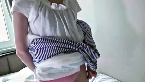 Mature Asian amateur lifting white blouse to expose pink panties
