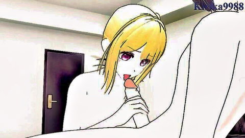 Ruby Hoshino blonde anime girl giving intense blowjob in hentai scene
