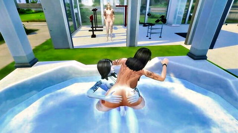Nude tattooed Sims women in hot tub doggy style seduction
