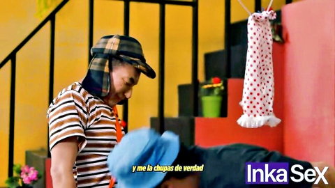 Cholondrina in costume gives blowjob to Don Panzón in rent parody scene