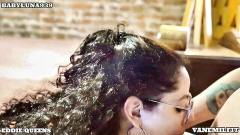 Fit black wife with curly hair and glasses in interracial threesome