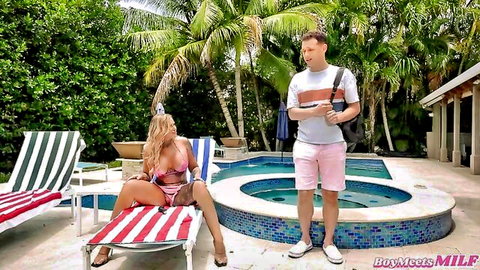 Stephanie Love blonde MILF in bikini lounging poolside with guy