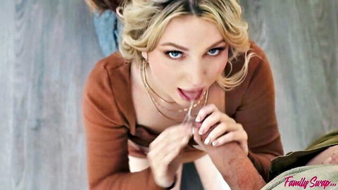 Blonde with blue eyes sucking thick cock while holding it in taboo family swap