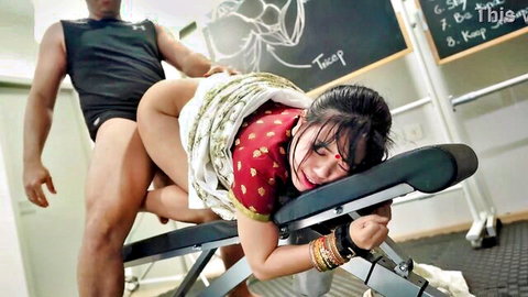 Ah Ko Lay bent over in sari, tight Indian pussy pounded hard in gym