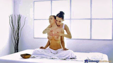 Charming teen beauties in thrilling lesbian oil breast massage