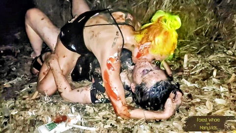 Forest Whore muddy lesbian kiss in nasty outdoor play