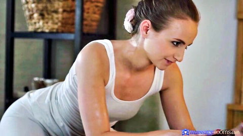 Sexy Lady Bug in white tank top and gray shorts, leaning forward erotically