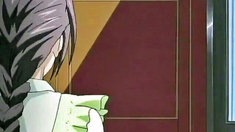 Purple-haired hentai anime girl in white shirt pointing finger from behind view