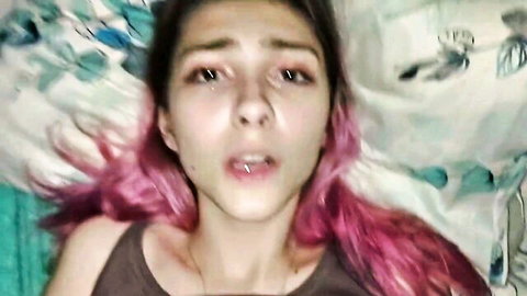 Pink-haired girl with teary eyes in rough oral, tank top exposed