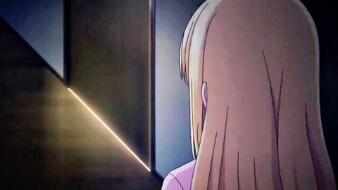 Blonde hentai babe with long hair in pink dress standing from behind in dimly lit room